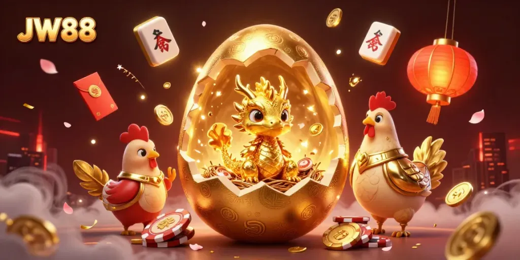 Experience thrilling moments with JW88's golden dragon amidst colorful casino elements and festive decor.
