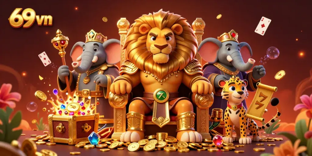 Experience exciting gameplay with 69 vn's dynamic casino scene featuring a lion, elephant, and cheetah.