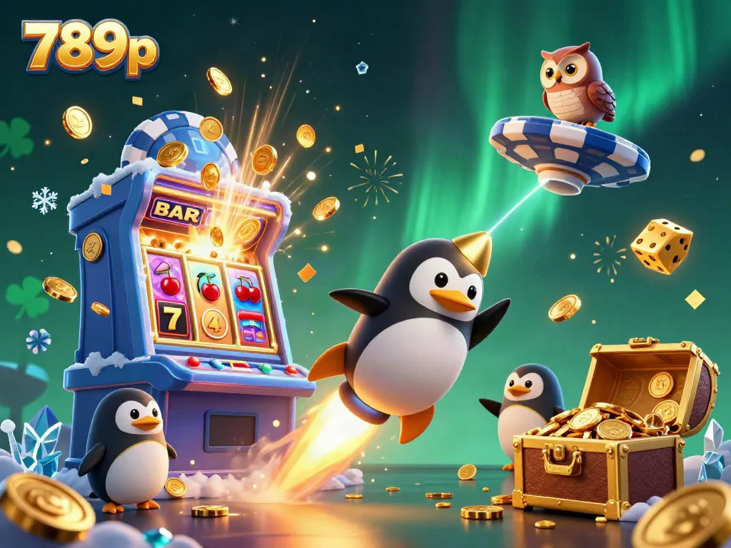 Experience 789p's thrilling casino adventure with a golden penguin launching into jackpots and rich rewards.