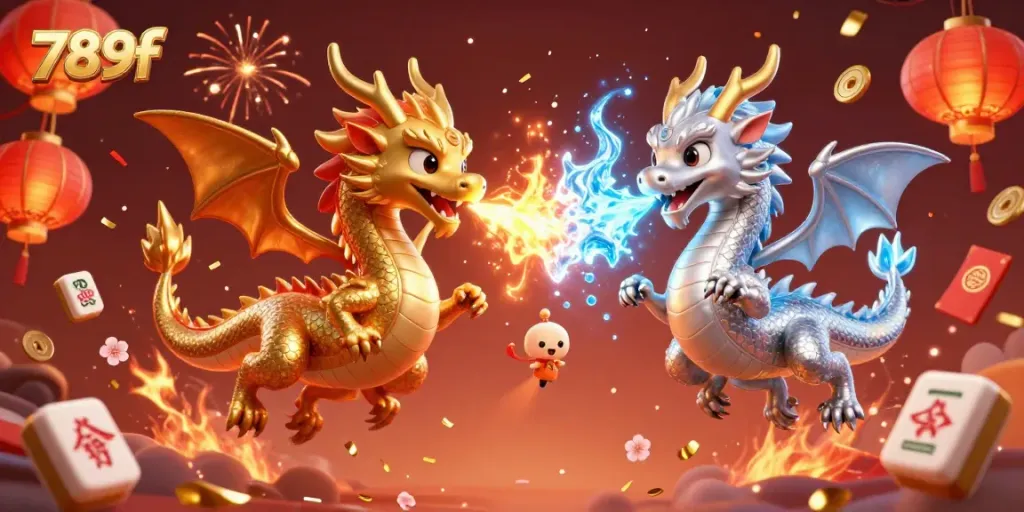 Experience thrilling gaming with the dynamic 789f dragons showcasing fire and ice in a vibrant online casino scene.