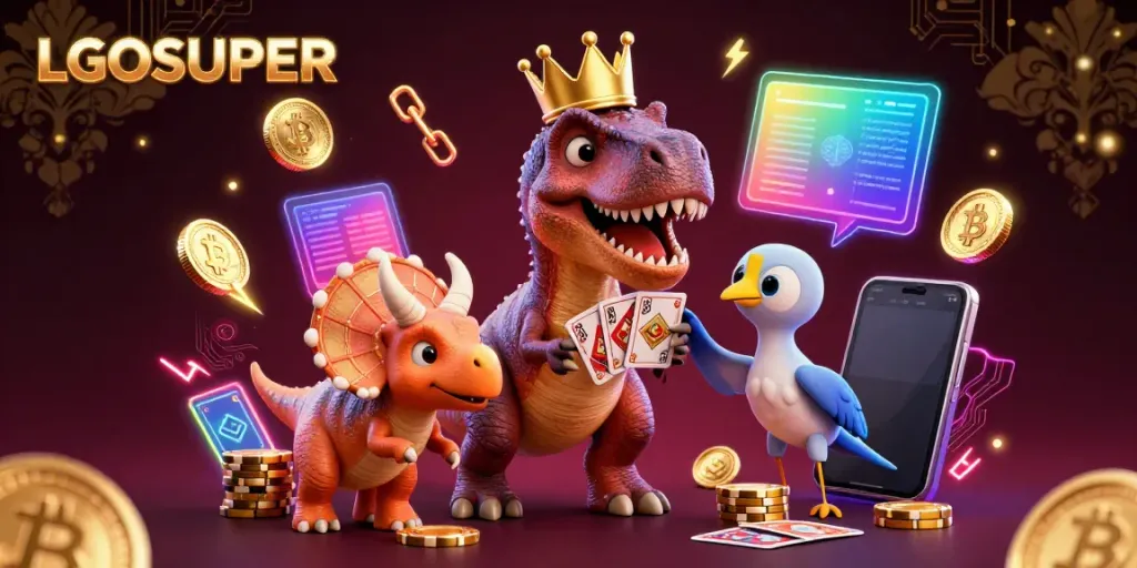 Experience the thrilling world of LGOSUPER with a T-Rex shuffling cards and stacking chips in a vibrant casino scene.