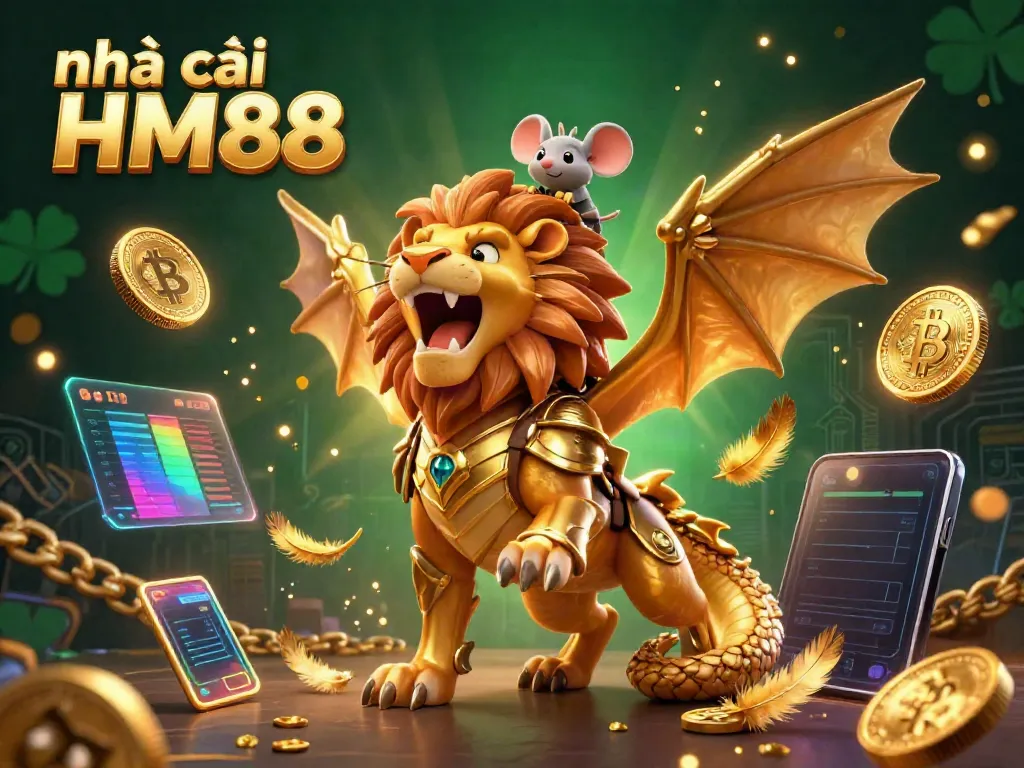 Experience the thrill of nhà cái HM88 with 3D chimeras and glowing cryptocurrencies in this vibrant casino scene.