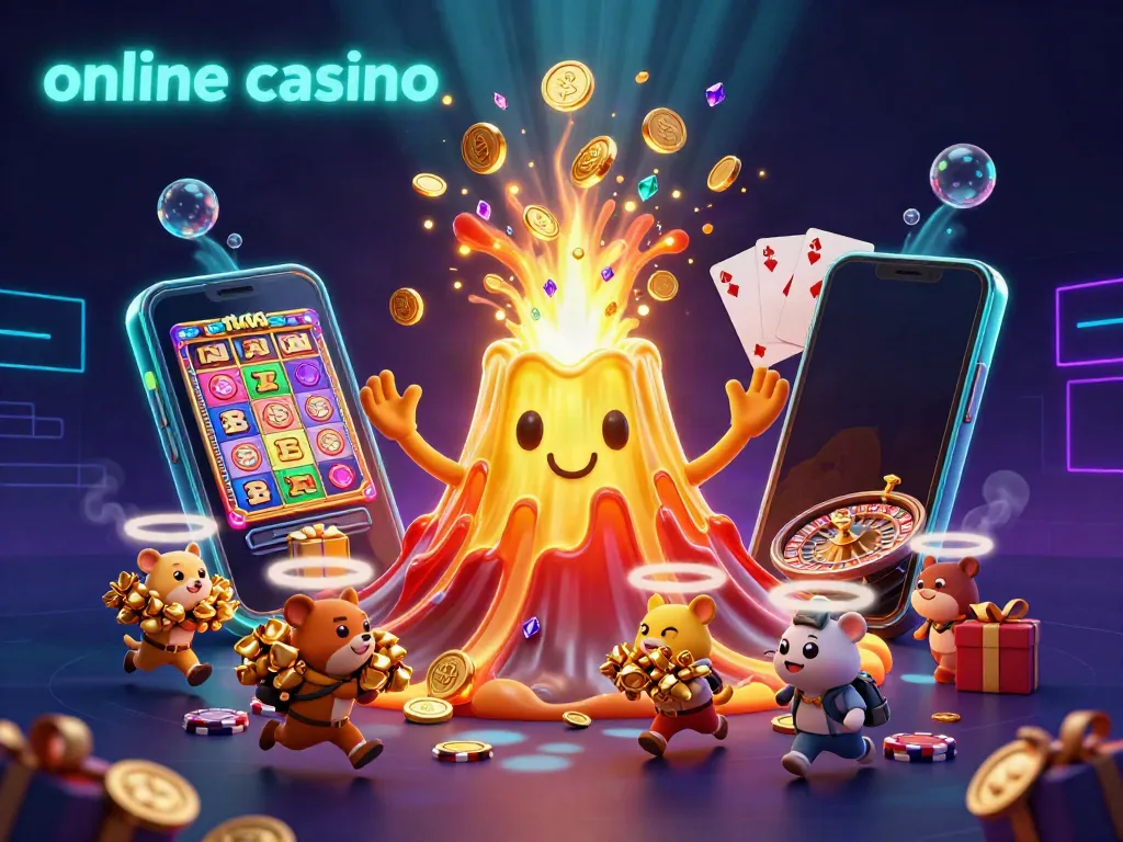Experience thrilling online casino action with a golden volcano erupting coins and gems, capturing the excitement of real money gaming.