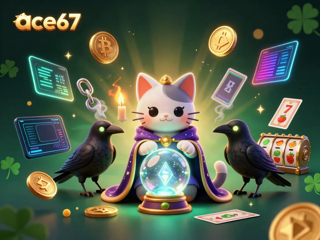 Experience the mystical casino world with ace67 as a fortune teller cat, raven, and vibrant slots.