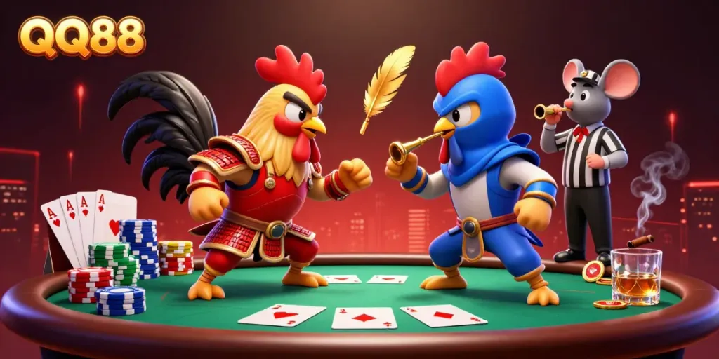 Betting excitement captures QQ88's thrilling fighting rooster scene, highlighting poker elements.