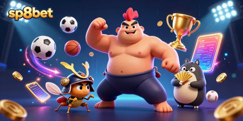 Experience the vibrant atmosphere of sp8bet with dynamic characters and exciting casino elements in a rich 3D scene.