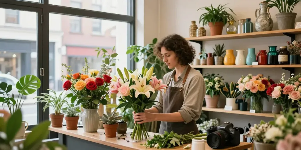 Florist Adelaide crafting a beautiful bouquet with fresh seasonal flowers in a charming flower shop