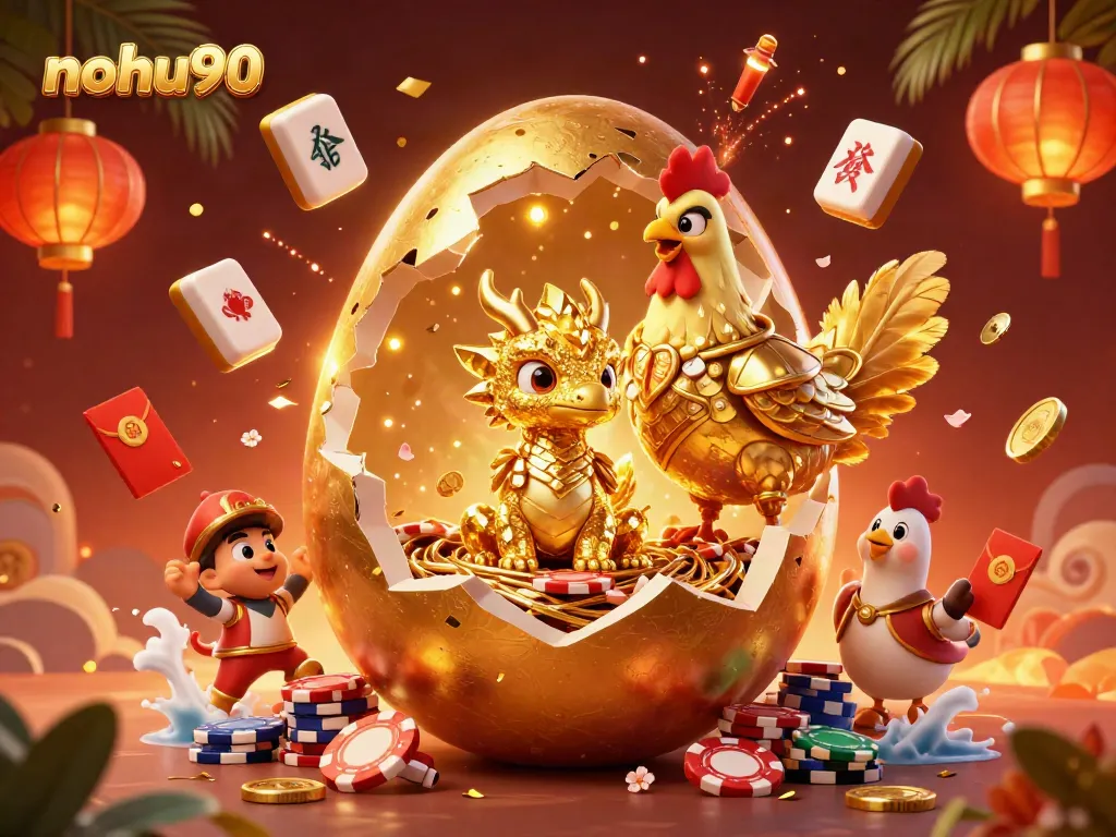 Engage in thrilling gaming experiences at nohu90 with golden dragon and poker elements in a vibrant casino scene.