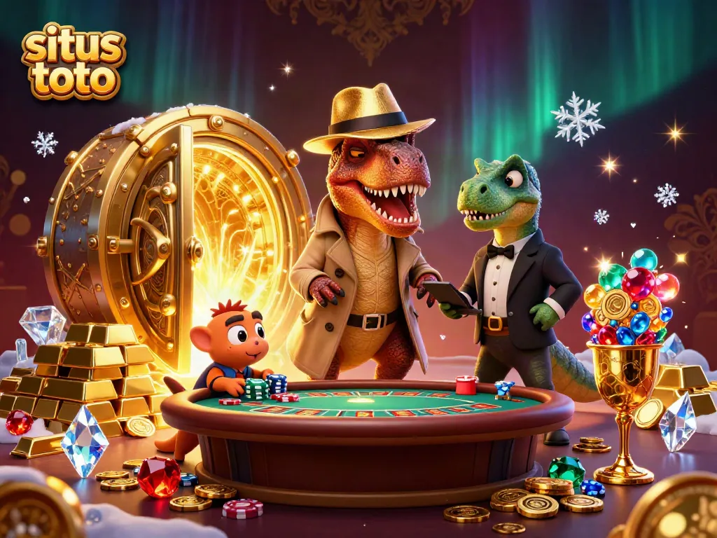 Situs toto adventure with a velociraptor card counter at a blackjack table amidst treasure
