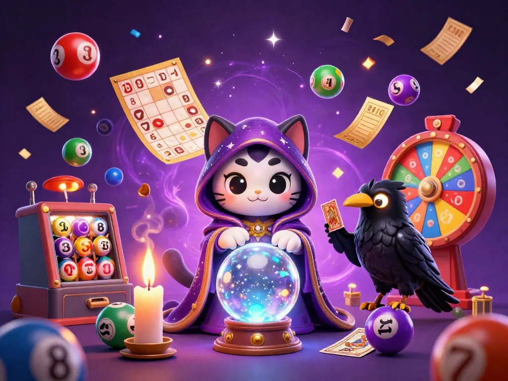 MPOID offers a captivating gaming experience with dynamic elements including lottery balls, a fortune teller cat, and a mystical raven.