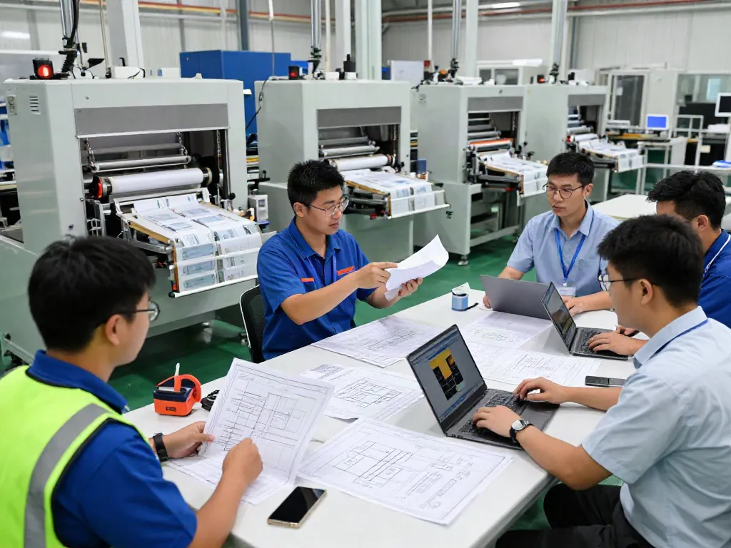 Engineers collaborating on customized packaging solutions in a modern manufacturing facility.