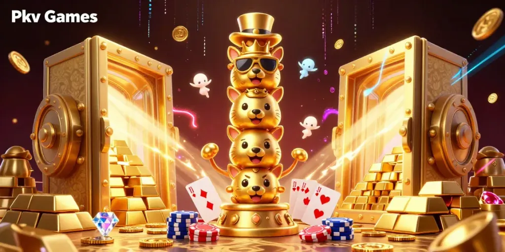 Pkv Games showcases an exhilarating casino-themed 3D illustration featuring a golden totem pole amidst treasures and game elements.