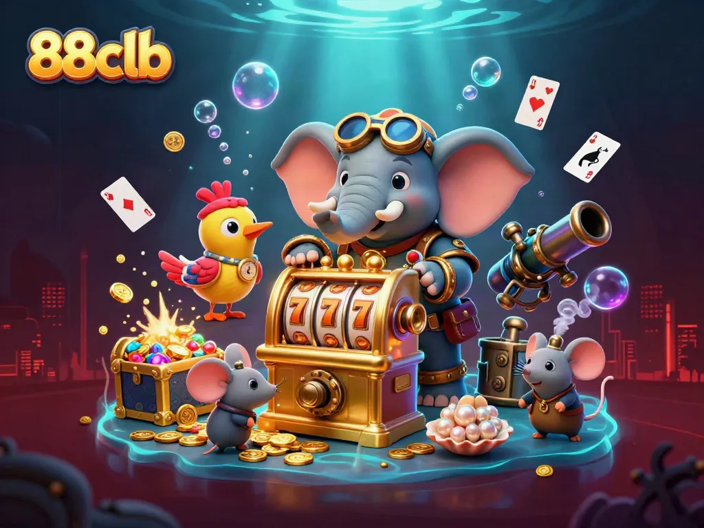 Experience thrilling gameplay with 88clb's steampunk elephant engineer operating a golden slot machine filled with treasures.