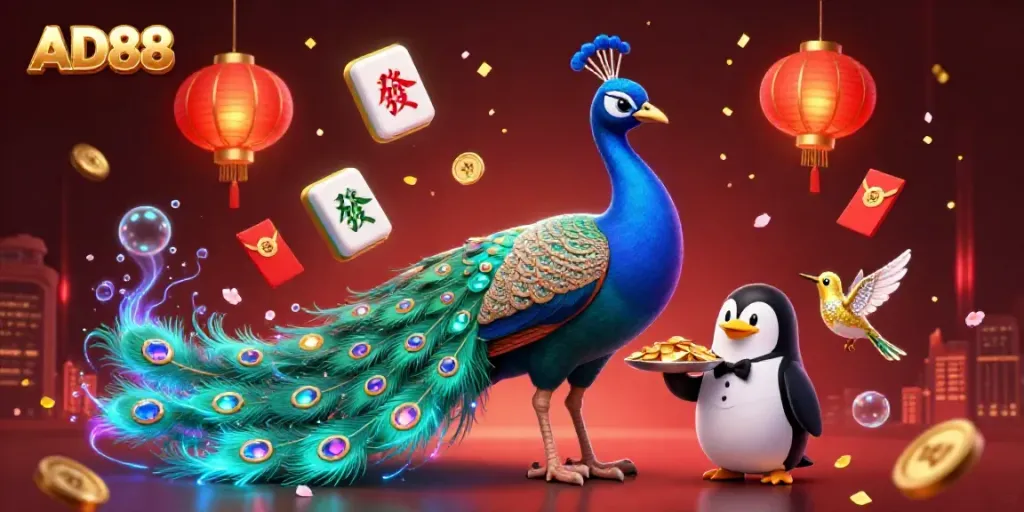 Engage with AD88 in a vibrant gaming scene featuring a peacock, penguin, and hummingbird surrounded by festive elements.