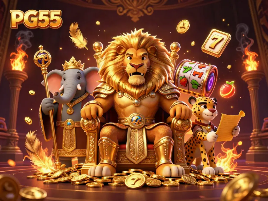 Experience thrilling moments with PG55 in a vibrant slot machine casino scene featuring a regal lion king and a wise elephant advisor.