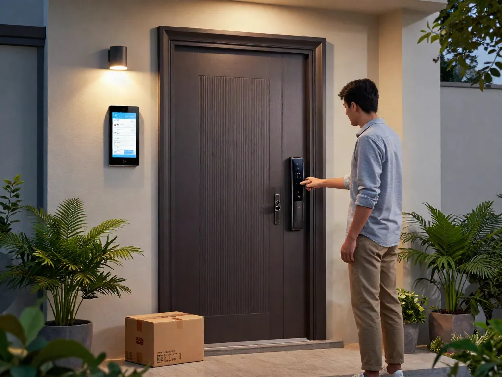 Showcasing a قفل هوشمند on a modern entrance door with a homeowner using a smartphone to unlock it.