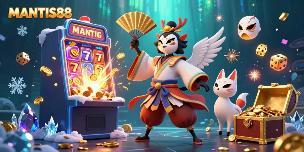 MANTIS88 offers an electrifying casino experience with vibrant characters and a jackpot scene.