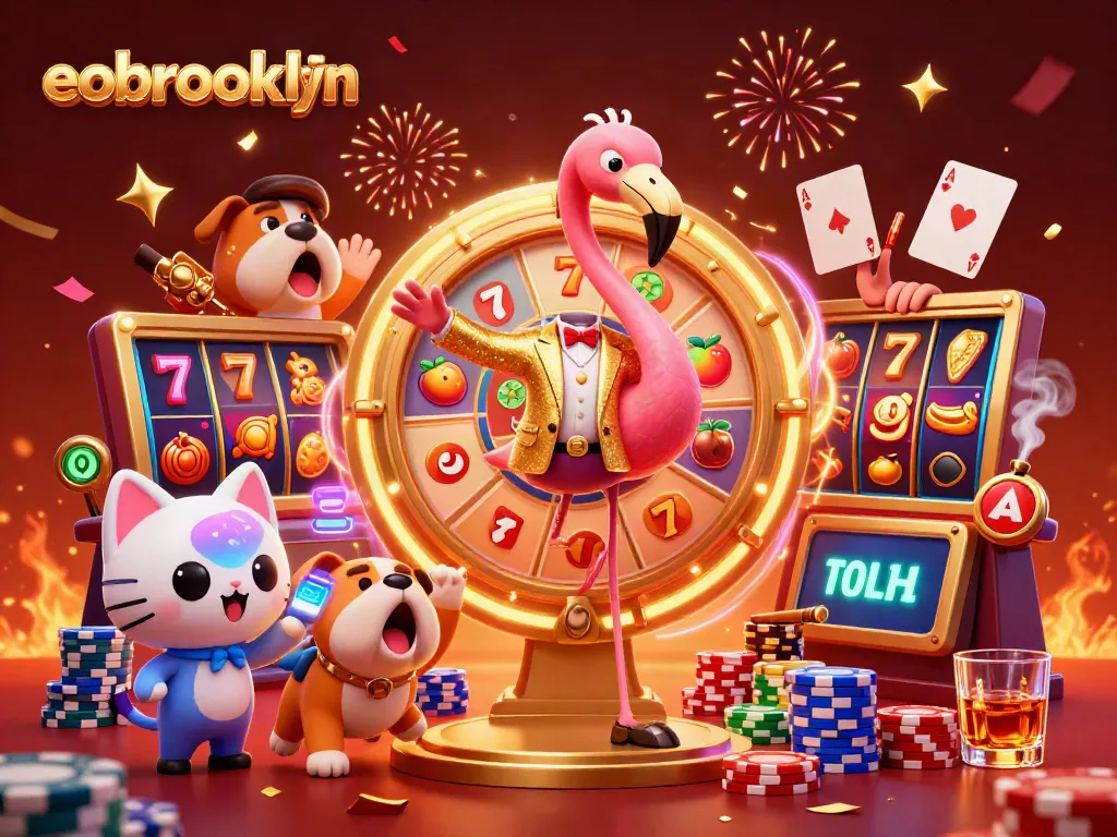Experience exciting gameplay scenarios with eobrooklyn's vibrant 3D casino illustration showcasing dynamic characters and elements.