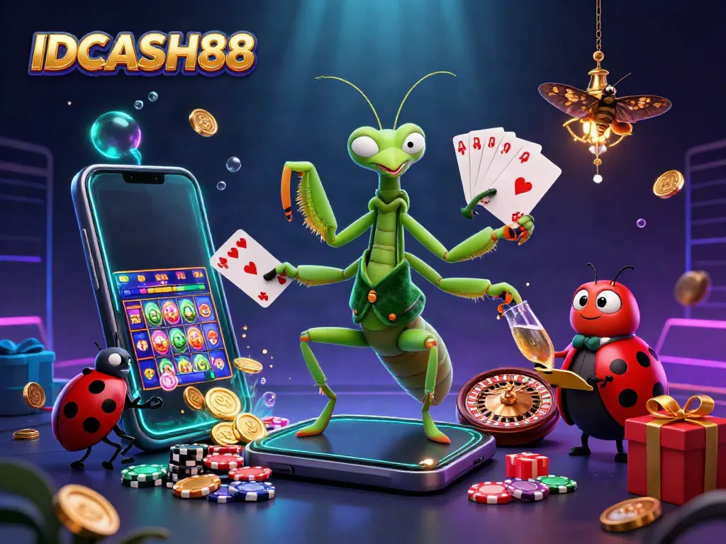 Experience the thrill at IDCASH88 with a vibrant online casino scene featuring a card sharp mantis and animated gaming elements.