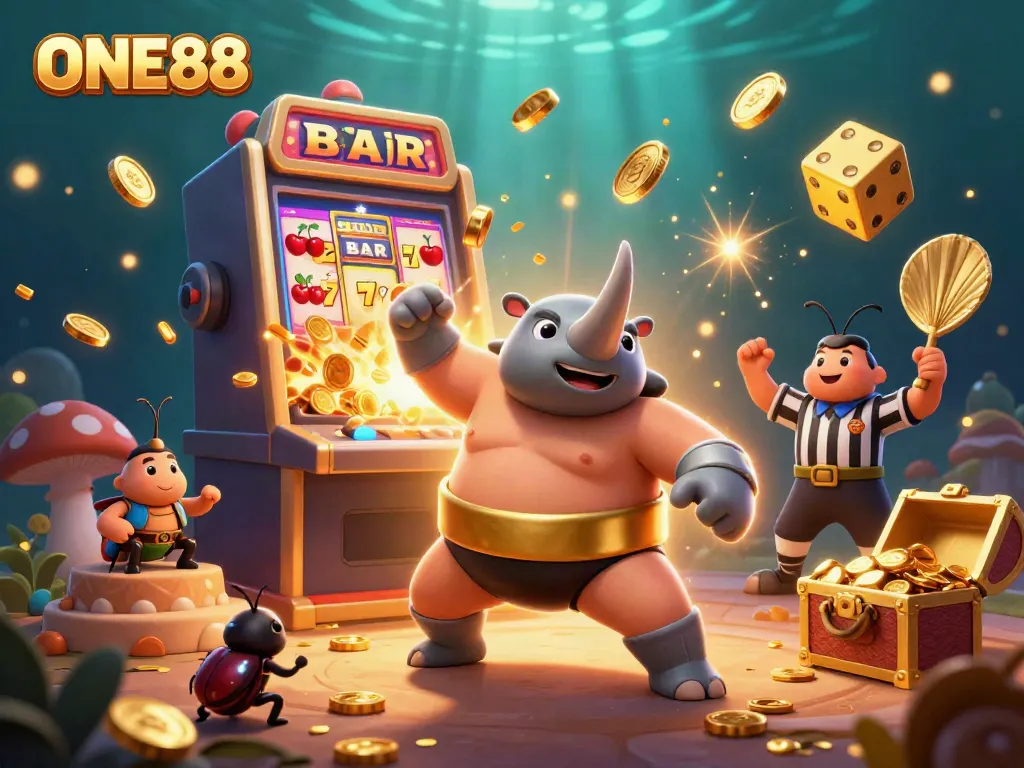 Engage with casino excitement in ONE88, featuring a sumo beetle champion amidst a jackpot explosion.