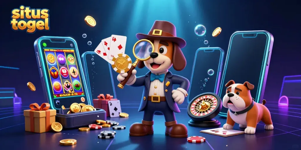 Exciting scene of a detective bloodhound and bulldog exploring the world of situs togel with vibrant casino elements.
