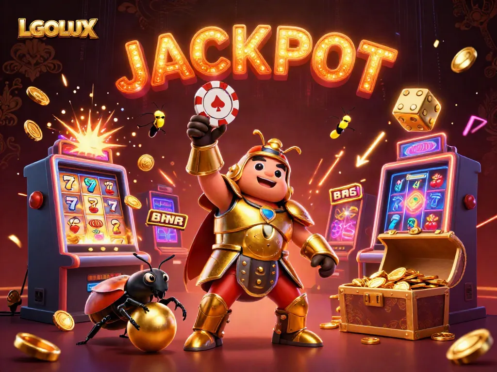 Celebrate big wins with LGOLUX, featuring a victorious beetle in golden armor and a jackpot explosion.
