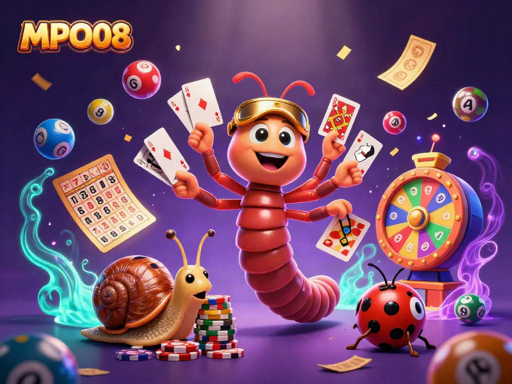 Experience MPO08's vibrant casino scene with a millipede dealer, colorful lottery balls, and excitement.