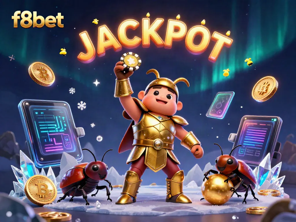 Engage with the excitement of f8bet while a victorious beetle celebrates in a vibrant, casino-inspired scene.