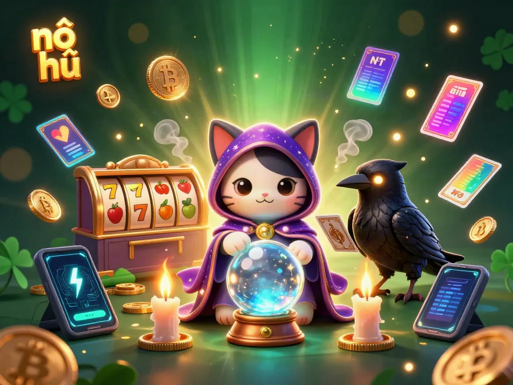 Engage in nổ hũ gameplay with vibrant symbols, mystical characters, and glowing coins.