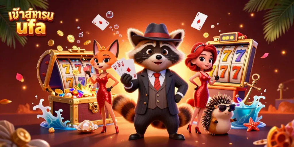 Engage with the lively atmosphere of the casino world with "เข้าสู่ระบบ ufa" prominently featured, as charming characters celebrate their winning hand amidst rich gaming elements.