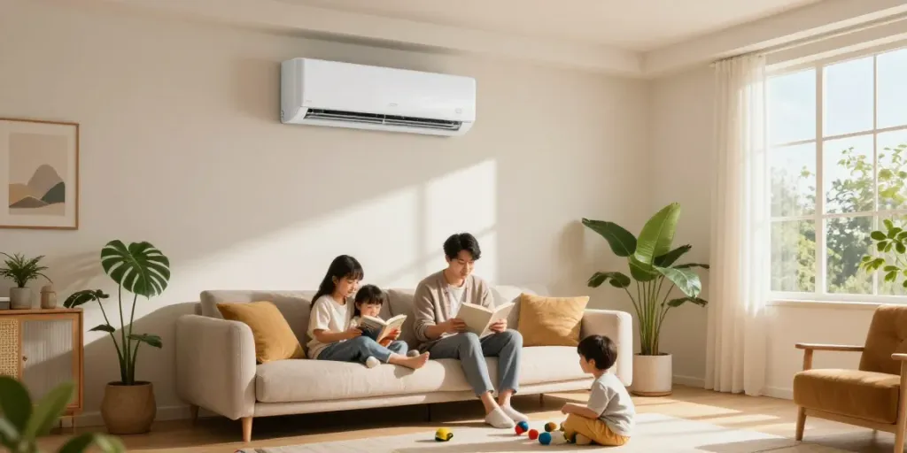 Family enjoying comfort in a living room with a mini split AC, showcasing energy-efficient home living.