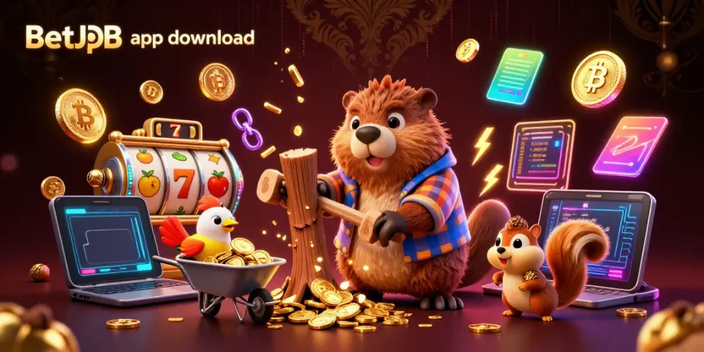 Engage with the BetJDB app download in a vibrant 3D scene featuring gaming symbols and characters.