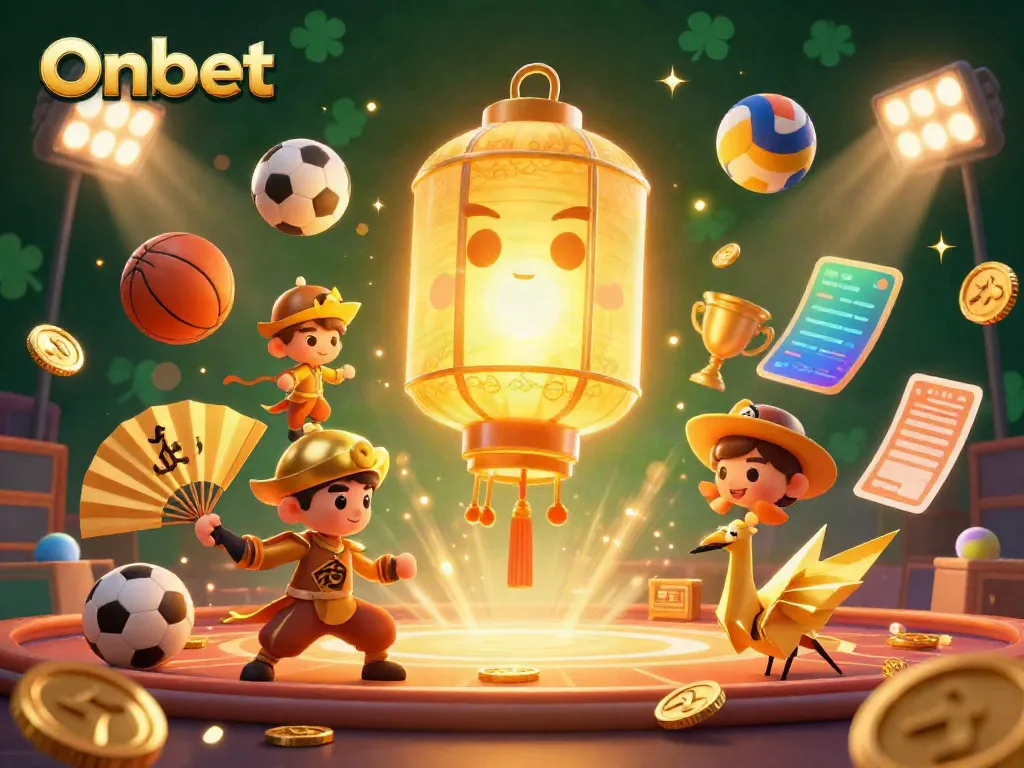 Onbet showcases a vibrant and dynamic casino scene featuring a giant golden lantern spirit, paper fan warriors, and sporting elements.
