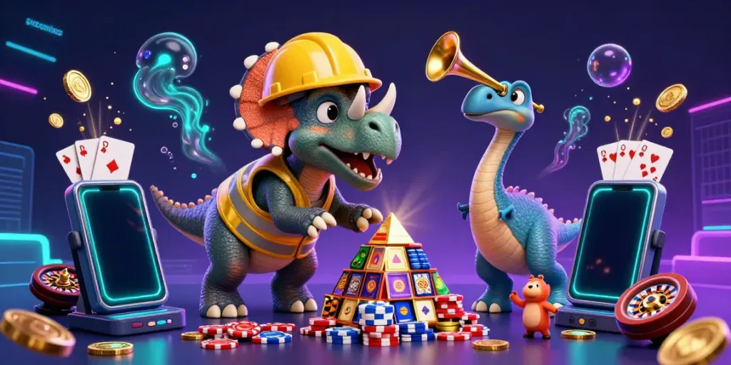 Experience the excitement of slot online games with a fun 3D cartoon illustration of vibrant characters and gaming elements.