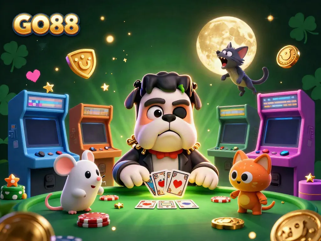 Experience thrilling GO88 card games as a Frankenstein bulldog monster deals cards at a spooky casino table.