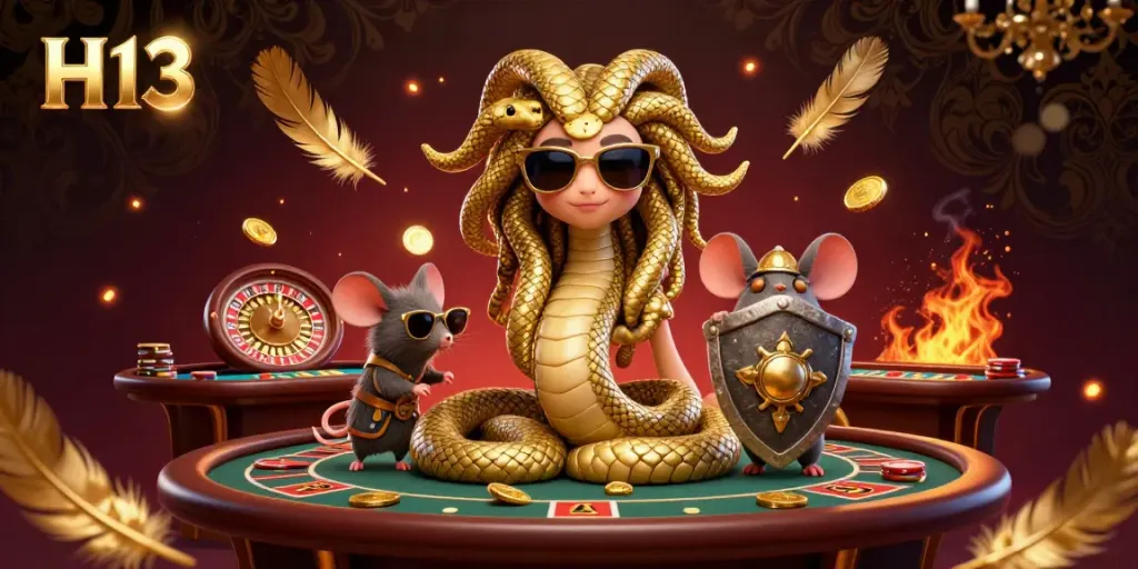 Engage with H13's vibrant 3D casino scene featuring a friendly Medusa and a warrior mouse surrounded by rich gambling elements.