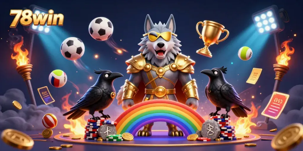 Engage with high-stakes gaming at 78win with a dynamic illustration of mythological characters and sports elements.