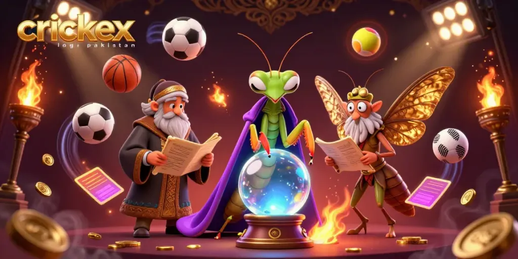 Witness the excitement of crickex login pakistan with a dynamic scene of fortune tellers and sports elements.