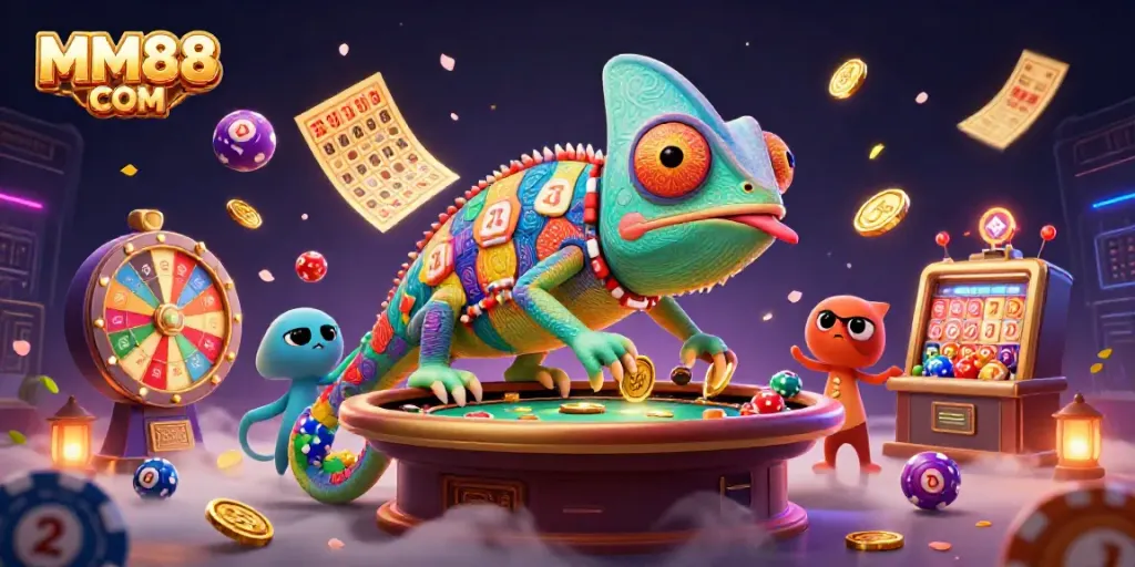Engaging illustration of MM88 COM with a chameleon casino owner, colorful lottery elements, and dynamic effects.