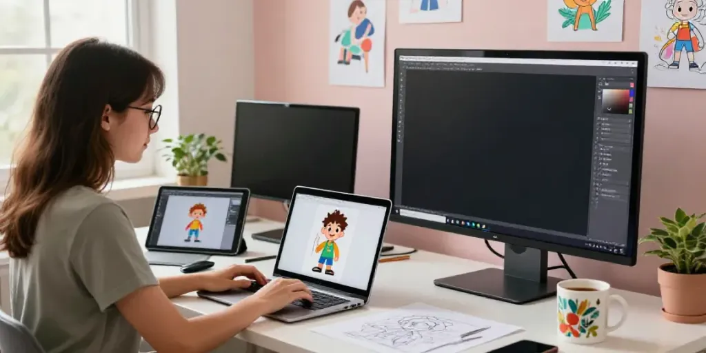 Affordable AI cartoon image generator in a vibrant creative studio.