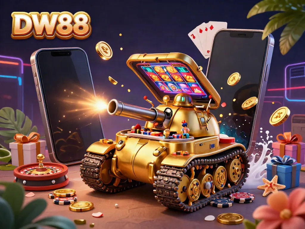 Experience the excitement of DW88 with a dynamic 3D casino scene featuring a golden beetle tank with casino elements.