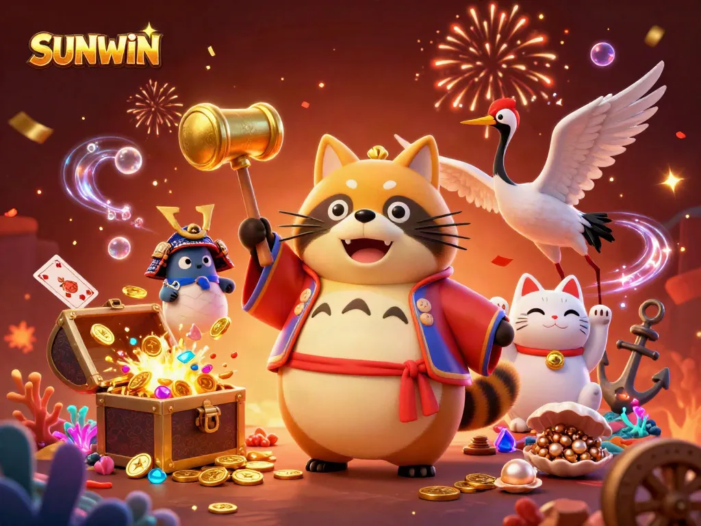 Experience vibrant gaming fun with SUNWIN's cheerful characters amidst treasures and excitement.