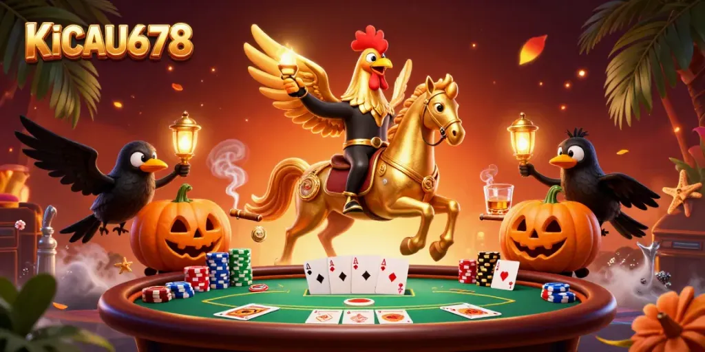 KICAU678 showcases a vibrant casino scene featuring a golden rooster headless horseman and crow companions amid poker elements.