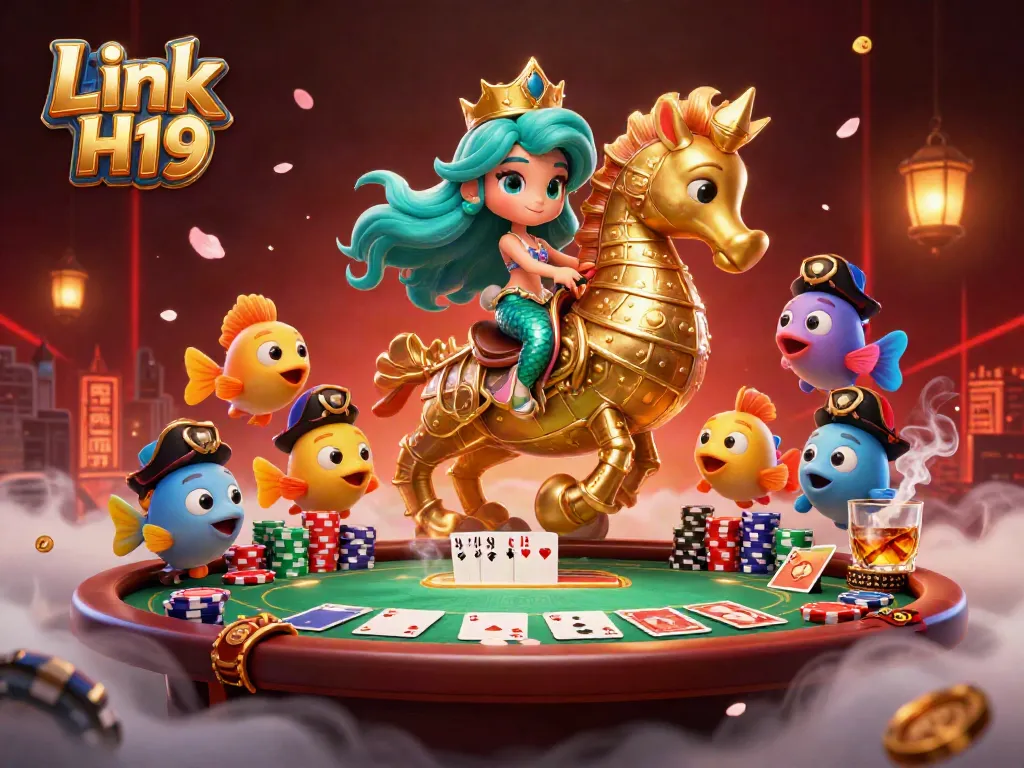 Experience thrilling action with casino-themed characters celebrating Link H19 in a vibrant 3D illustration.