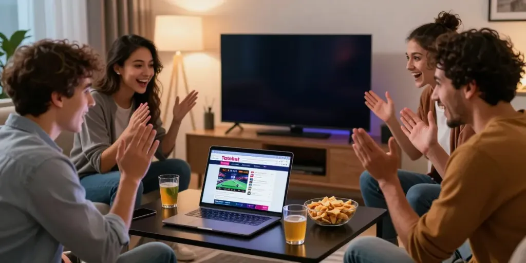 Friends enjoying online gambling with Totobet in a vibrant living room.