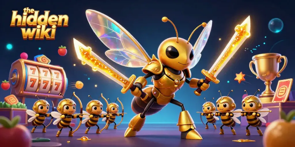 Engage with the hidden wiki through a vibrant 3D illustration of a golden hornet samurai surrounded by dynamic casino elements.
