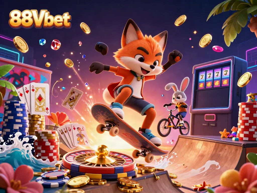 Experience dynamic gaming action at 88Vbet with vibrant casino-themed 3D illustration.