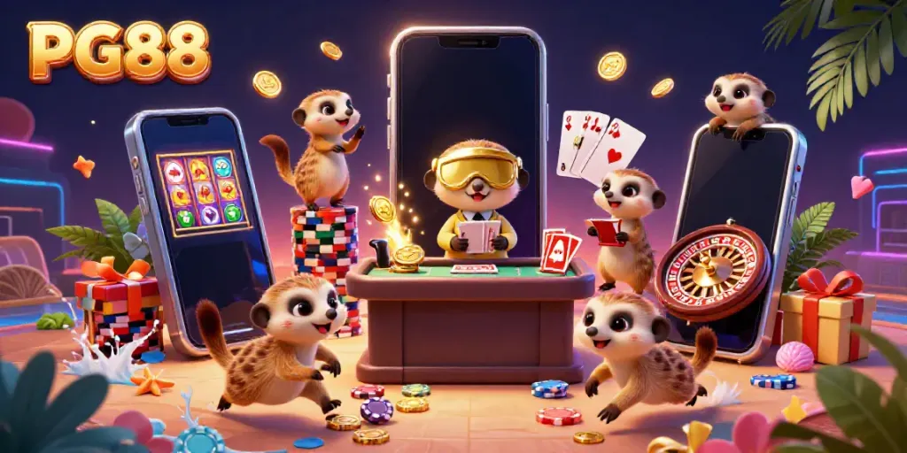 Experience thrilling gameplay at PG88's vibrant casino where meerkats oversee an exciting game night.