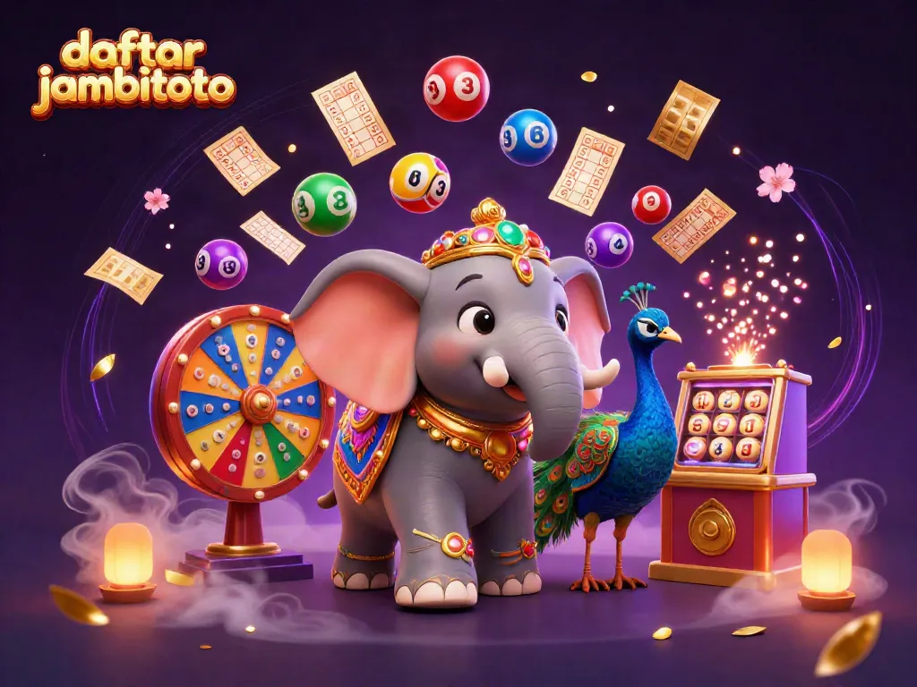 Engage with daftar jambitoto in an exciting lottery scene featuring a colorful Diwali elephant and vibrant game elements.
