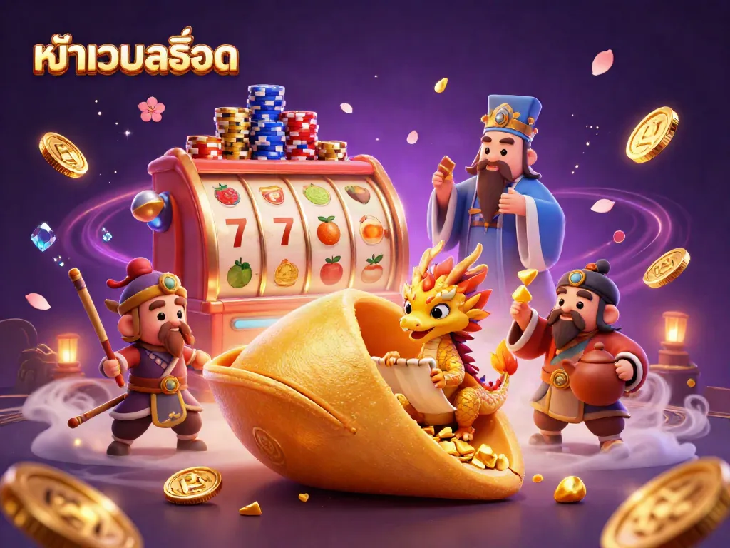 Engage with the vibrant หน้าเว็บสล็อต showcasing a dynamic scene of fortune cookie characters surrounded by cascading coins and slot machine reels.